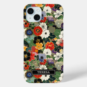 Colourful Japanese Floral Pattern Monogrammed iPhone 15 Mini Case