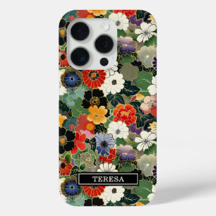 Colourful Japanese Floral Pattern Monogrammed iPhone 15 Pro Case