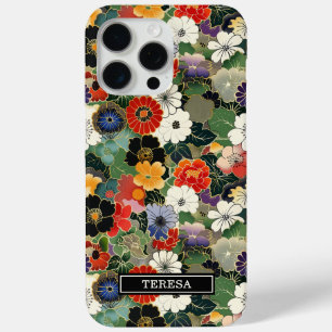 Colourful Japanese Floral Pattern Monogrammed iPhone 15 Pro Max Case
