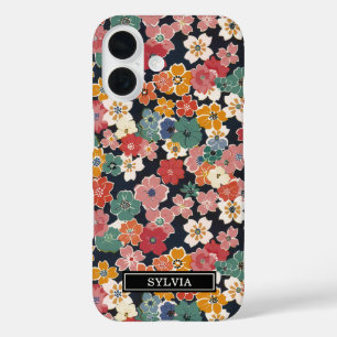 Colourful Japanese Floral Print Monogrammed iPhone 16 Case