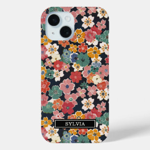 Colourful Japanese Floral Print Monogrammed iPhone 15 Case