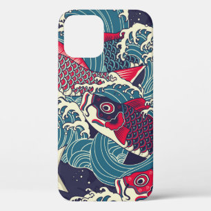 Colourful japanese Koi/carp fish in the wave seaml iPhone 12 Case
