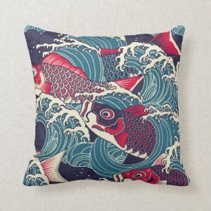 Colourful japanese Koi/carp fish in the wave seaml Cushion