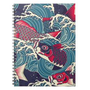 Colourful japanese Koi/carp fish in the wave seaml Notebook