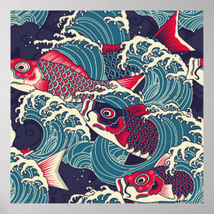 Colourful japanese Koi/carp fish in the wave seaml Poster
