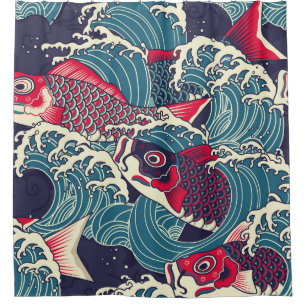 Colourful japanese Koi/carp fish in the wave seaml Shower Curtain
