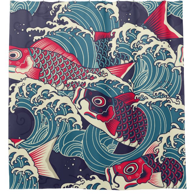Colourful japanese Koi/carp fish in the wave seaml Shower Curtain (Front)