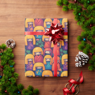Colourful Japanese Kokeshi Dolls Pattern Wrapping Paper