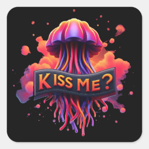 Colourful Jellyfish Illustration With Kiss Me Text Square Sticker