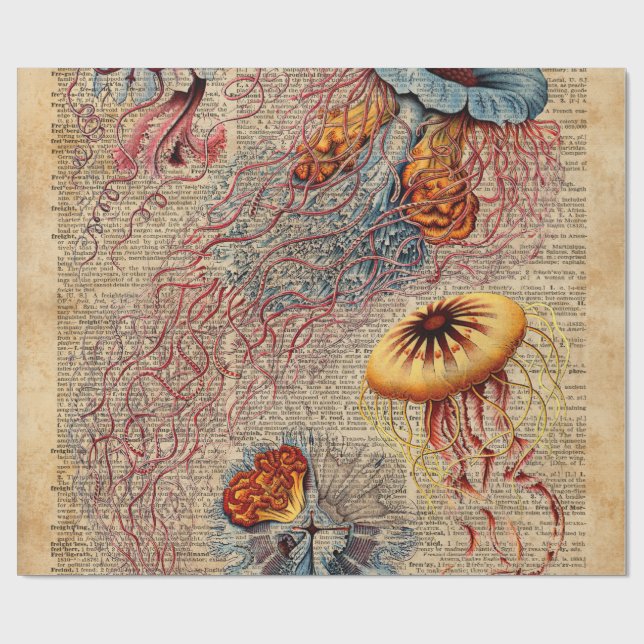 Colourful Jellyfish Sea Life Vintage Old Book Page Wrapping Paper (Flat)