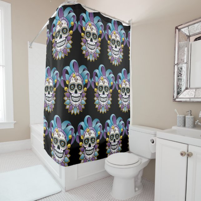 Colourful Jester Skull Shower Curtain (In Situ)