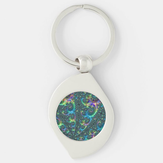 Colourful Jewel Tone Fractal Spiral Abstract Art Key Ring (Front)