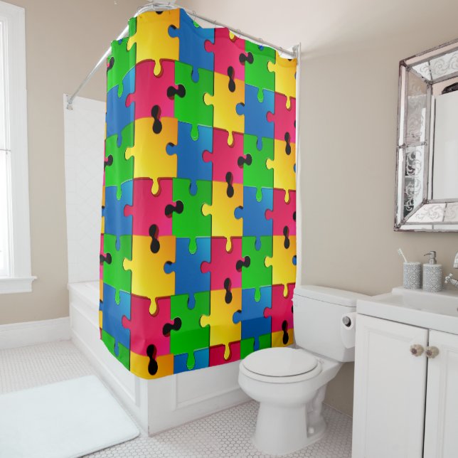 Colourful Jigsaw Puzzle - Funny and Creative Shower Curtain (In Situ)