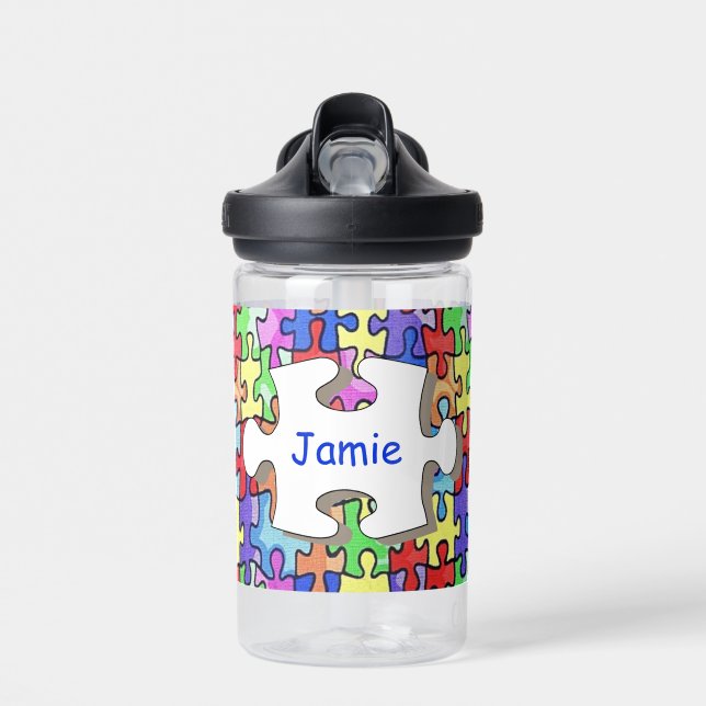 Colourful Jigsaw Puzzle Pattern Personalised Water Bottle (Front)