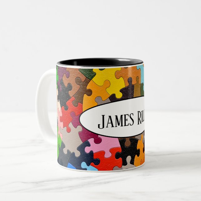 colourful jigsaw puzzle pieces Two-Tone coffee mug (Front Left)