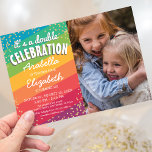 Colourful Joint Sibling Photo Birthday Party Invitation<br><div class="desc">Colourful joint birthday invitations featuring a bright rainbow coloured background,  a scattering of party gold confetti,  a photo of your own,  and a modern dual party template that is easy to personalise.</div>