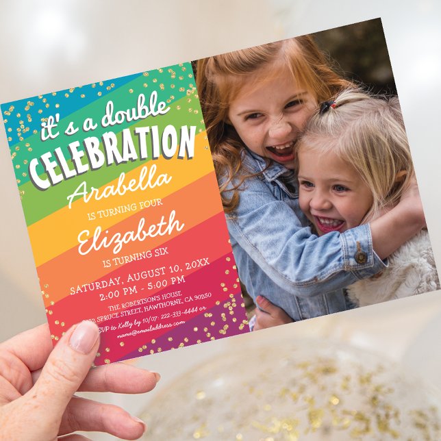 Colourful Joint Sibling Photo Birthday Party Invitation (Creator Uploaded)