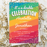 Colourful Joint Twin Birthday Party Invitation<br><div class="desc">Colourful joint birthday invitations featuring a bright rainbow coloured background,  a scattering of party gold confetti,  and a modern twin party template that is easy to personalise.</div>