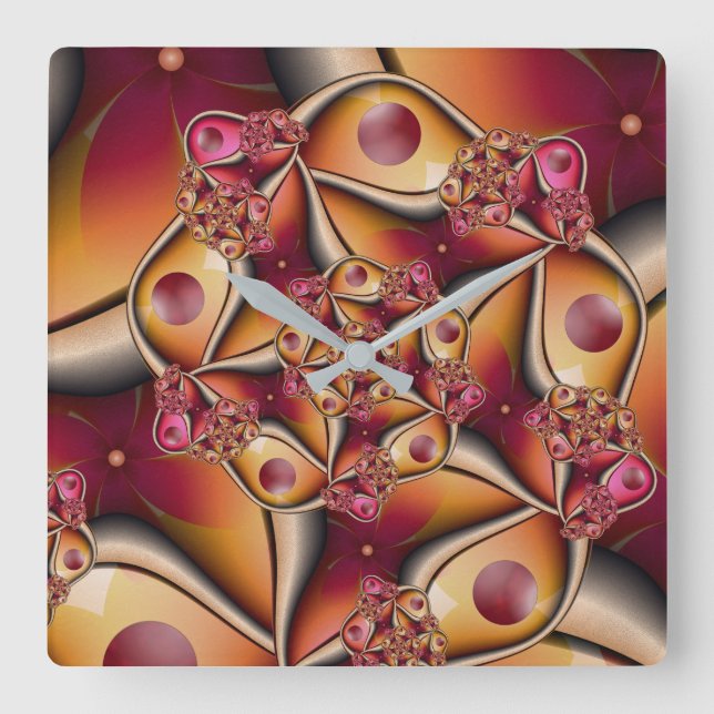 Colourful Joy Abstract Red Orange Fantasy Fractal Square Wall Clock (Front)