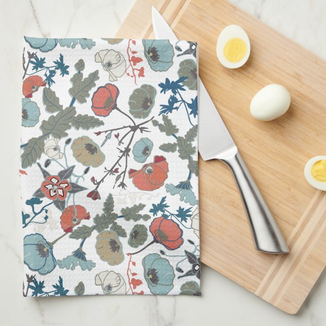 Colourful Joyful Blue Orange Green Floral Tea Towel (Quarter Fold)