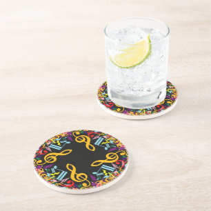 Colourful Jumbled Music Notes on Black Coaster