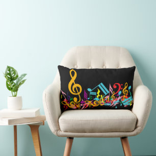 Colourful Jumbled Music Notes on Black Lumbar Cushion