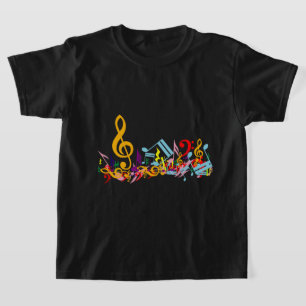 Colourful Jumbled Music Notes on Black T-Shirt