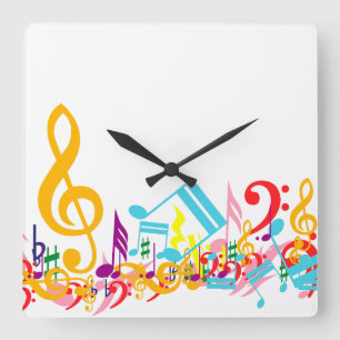 Colourful Jumbled Musical Notes Square Wall Clock
