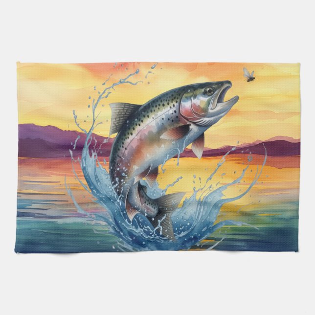 Colourful Jumping Trout Fishing Kitchen Towel (Horizontal)