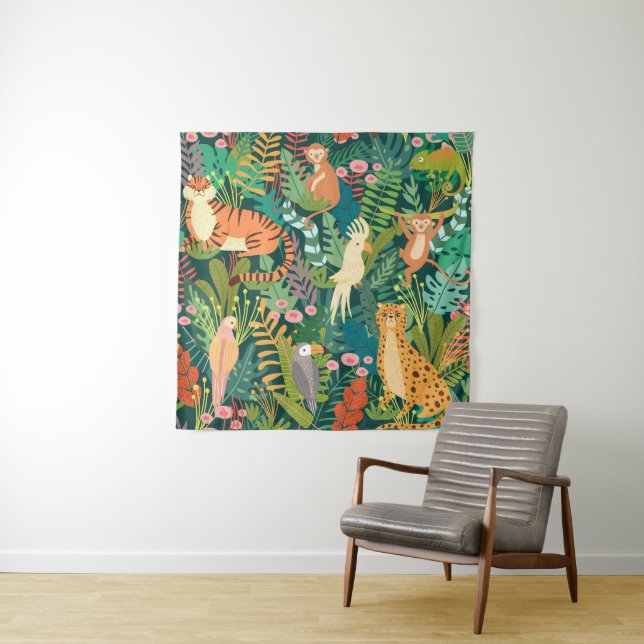 Colourful jungle and cute Cheetah l Greenery Tapestry (In Situ)