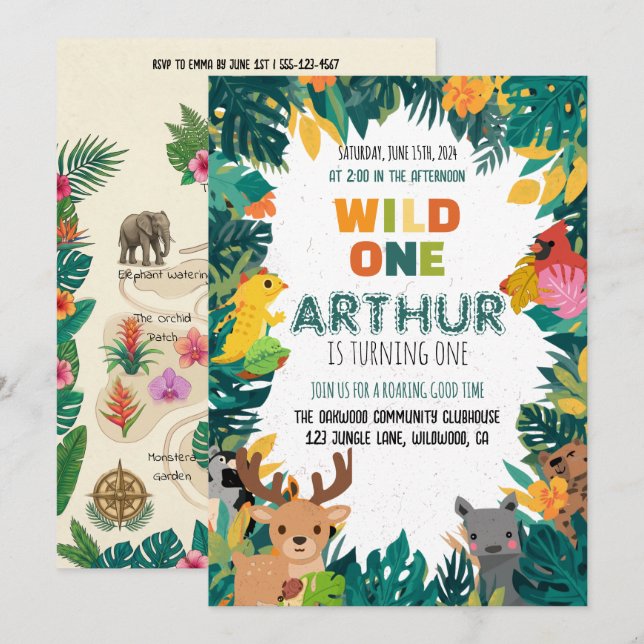Colourful Jungle Wild One Birthday Invite (Front/Back)
