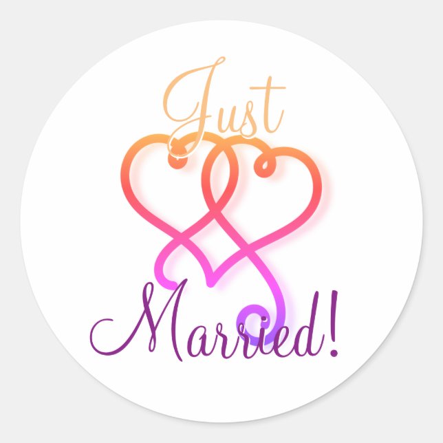 Colourful Just Married Rainbow Linked Swirly Heart Classic Round Sticker (Front)