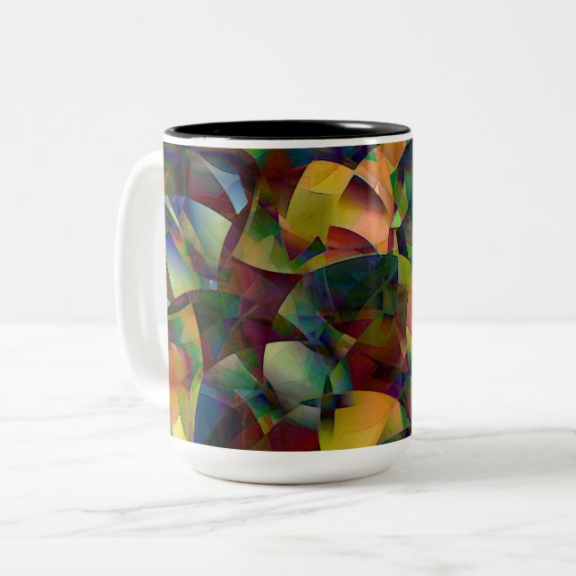 Colourful, Kaleidoscopic Abstract Art Two-Tone Coffee Mug (Front Left)
