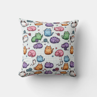 Colourful Kawaii Chubby Cats Pattern on Graph Pape Cushion