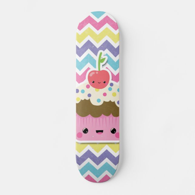 Colourful Kawaii Cupcake on Chevrons Skateboard (Front)