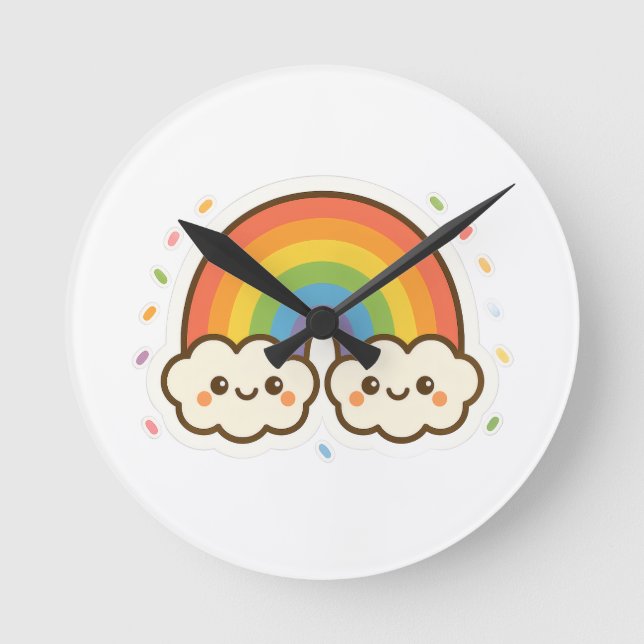 Colourful Kawaii Rainbow Pride Round Clock (Front)