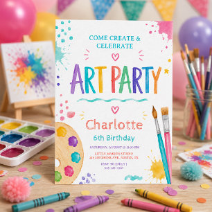 Colourful Kids Art Party 6th Birthday Painting Invitation