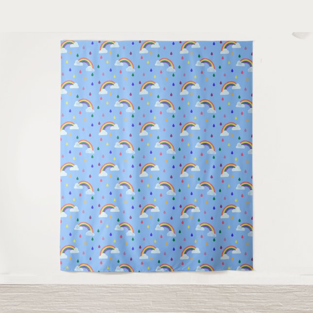 Colourful Kids Blue Sky Rainbow Raindrops Tapestry (Front)