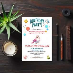 Colourful Kids Feathered Friends Birthday Party Invitation