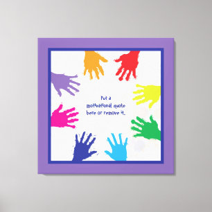 Colourful kids handprints - blue & purple borders canvas print