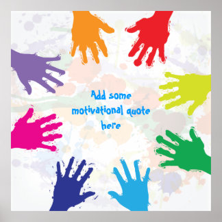 Colourful kids handprints square poster print