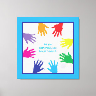 Colourful kids handprints with blue borders canvas print