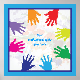 Colourful kids handprints with blue borders poster