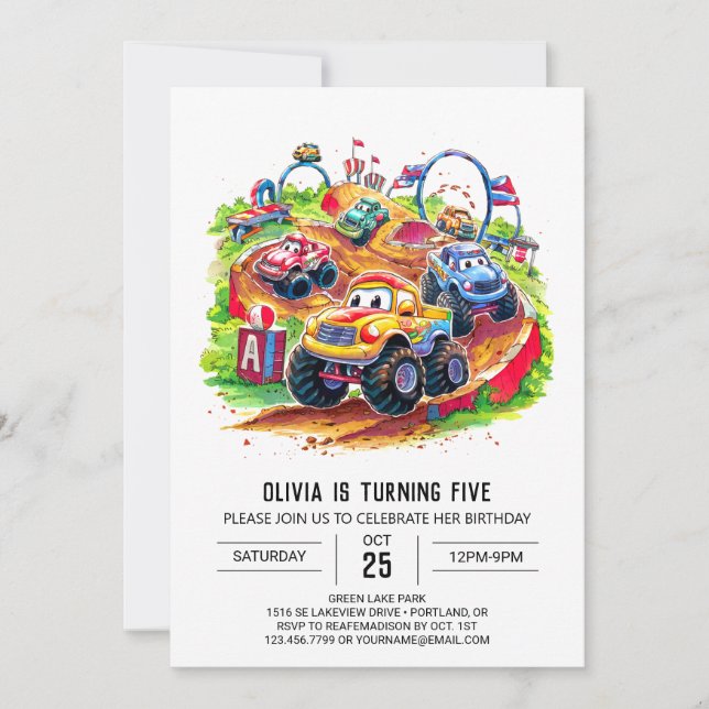 Colourful Kids' Monster Truck Birthday Invitation (Front)