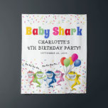 Colourful Kids Shark | Birthday Party Tapestry<br><div class="desc">Colourful childrens birthday party tapestry, which is a fantastic decoration for kids parties. Featuring the text "Baby Shark", a yellow shark holding a bunch of balloons with four other happy colourful sharks and sprinkle confetti. For that extra special touch it can be personalised with your child's name, age and date....</div>