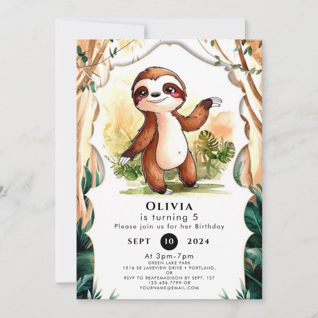 Colourful Kids Sloth Birthday Invitation (Front)