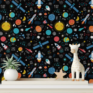 Colourful Kids Space Rockets Planets Galaxy Patter Wallpaper
