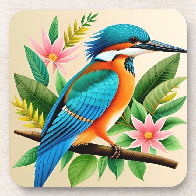 Colourful Kingfisher Bird Perched on Branch Coaster (Front)