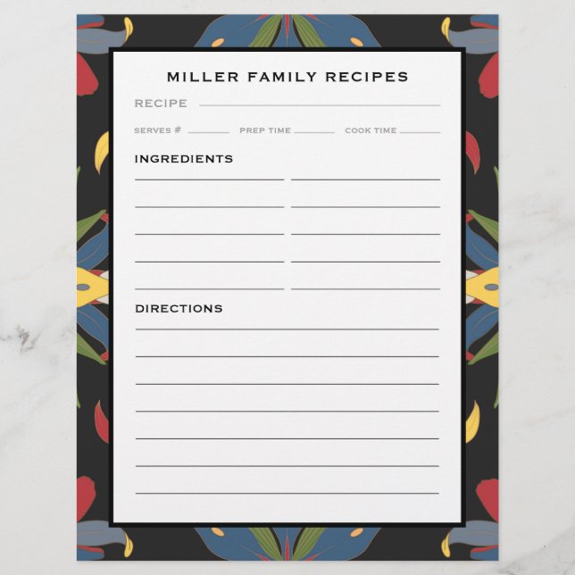 Colourful Kitchen Tile | Family Recipe Binder Page (Front)