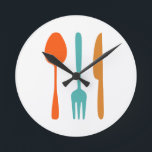Colourful Kitchen Utensils Mid Century Modern Round Clock<br><div class="desc">This colourful mid century modern wall clock features kitchen utensils - a fork,  knife and spoon - in the colours of turquoise blue and two shades of orange. This will brighten up your kitchen decor!</div>